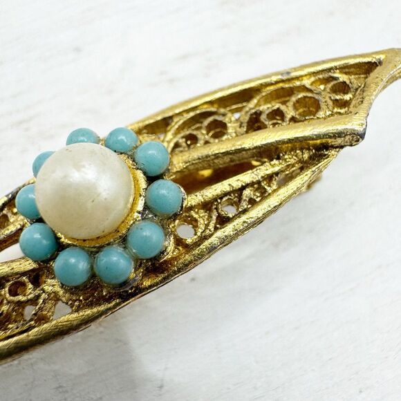 Vtg Mid Century MCM Faux Pearl And Turquoise Gold Tone Filigree Bar Pin Brooch - Picture 5 of 8